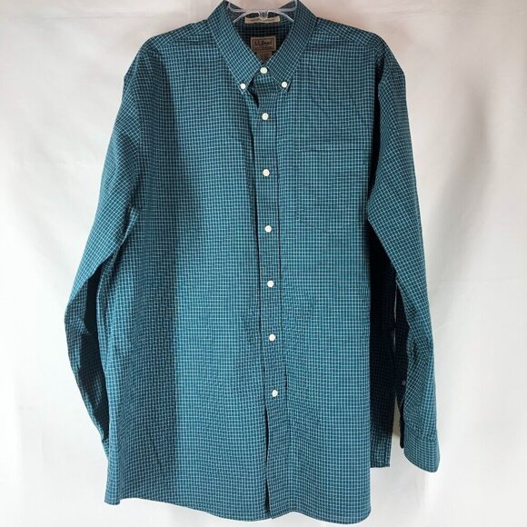 L.L. Bean Green And White Plaid Windowpane Button Up L/S Shirt Size XL - Picture 1 of 5